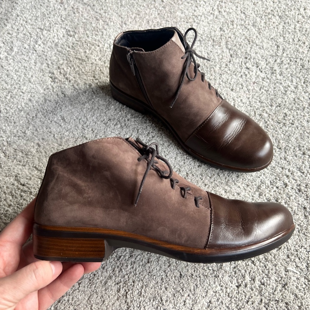 Naot Camden Size 38 Leather Suede Brown Two Tone Lace Zip Boots Shoe Bootie